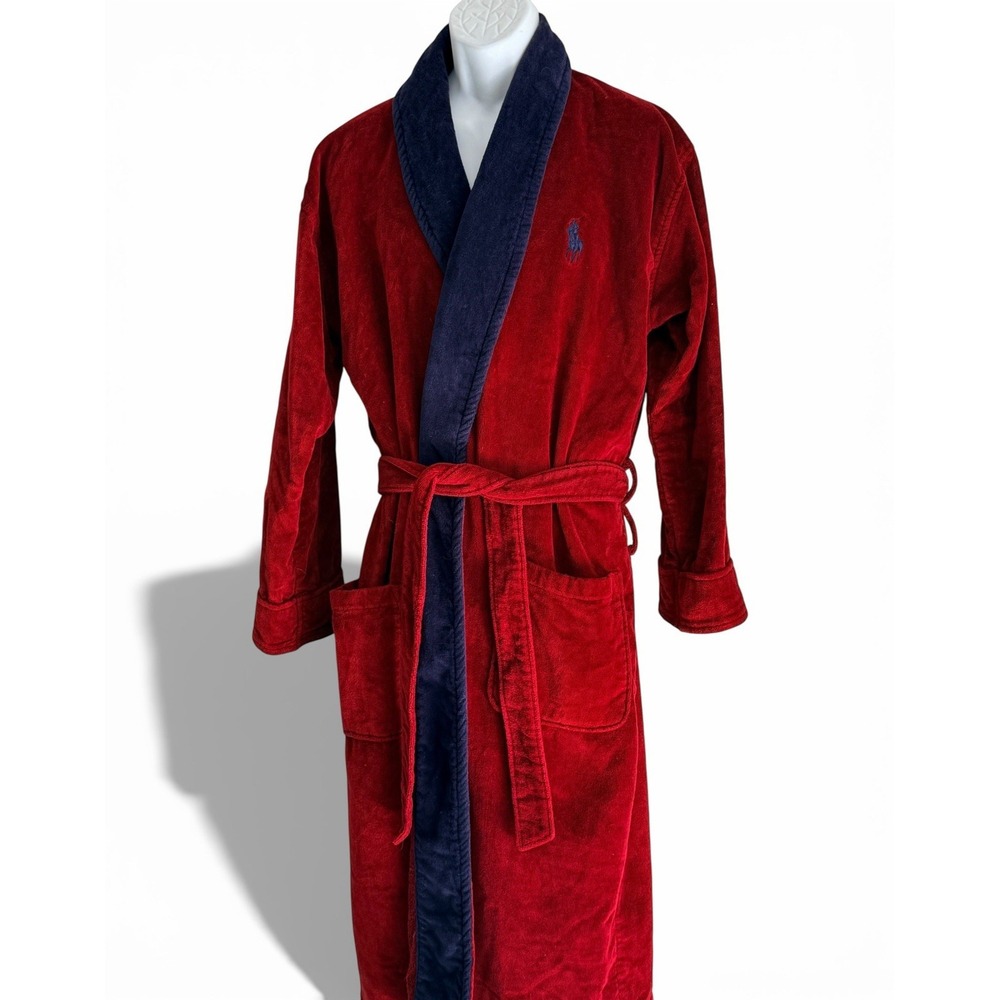 Polo Ralph Lauren Maroon Velour Bathrobe Robe BIG PONY Belted One Size Cotton - Picture 2 of 7